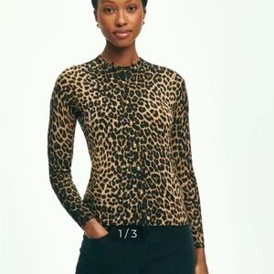 Brooks Brothers Wool Leopard Print Cardigan with Gold Button Detail